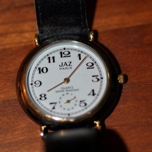 Vintage JAZ watch with black leather strap and two
